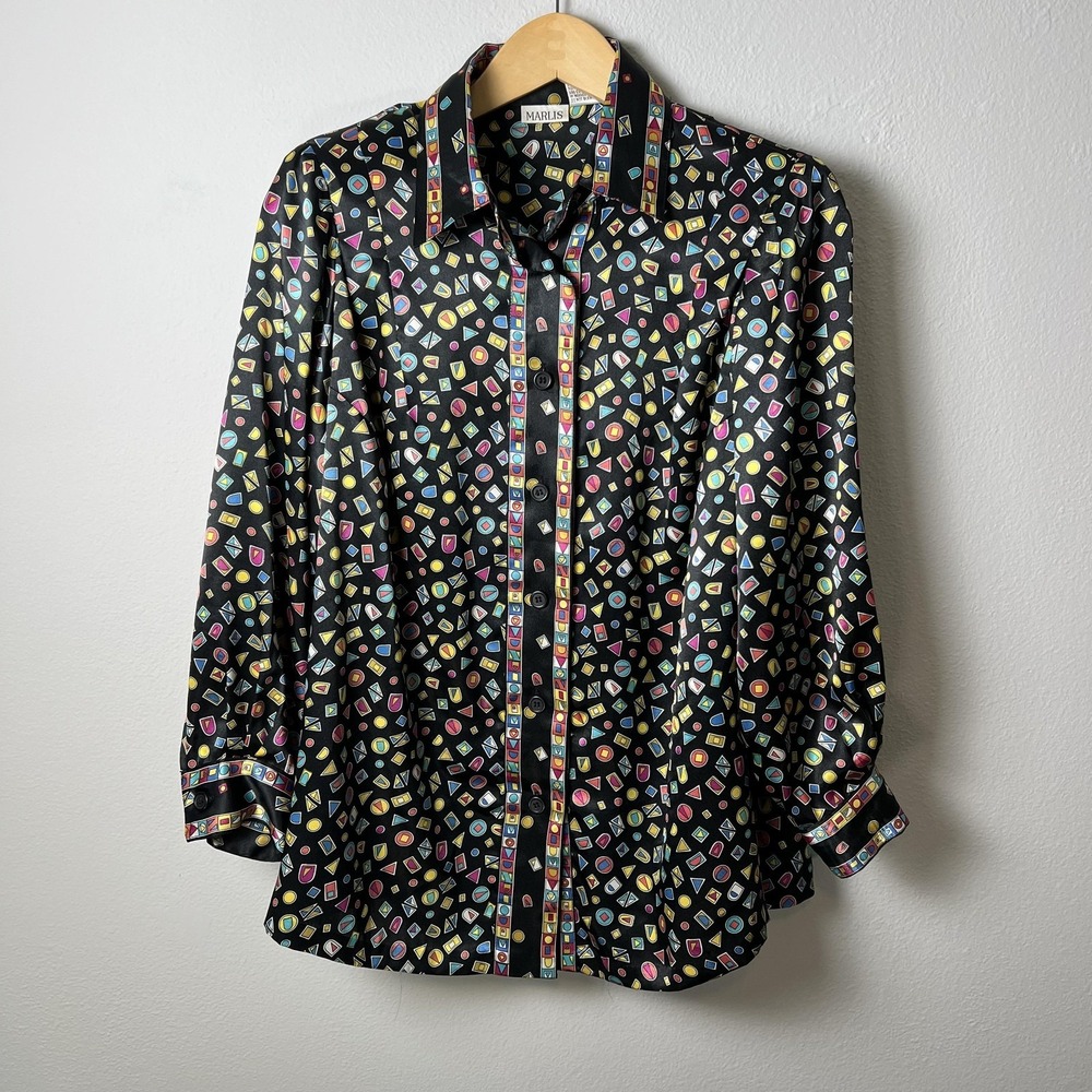 Marlis Shirt Womens 10 Black Colorful Geometric Print Button Up Long Sleeve 90s